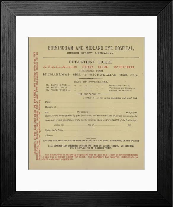 Framed Print : Birmingham Eye Hospital Out-Patient Ticket Framed Print : Birmingham Eye Hospital Out-Patient Ticket