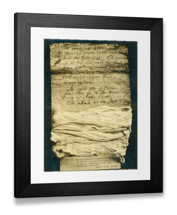 Framed Print : First hank of cotton spun by machinery, Birmingham, 1741 Framed Print : First hank of cotton spun by machinery, Birmingham, 1741