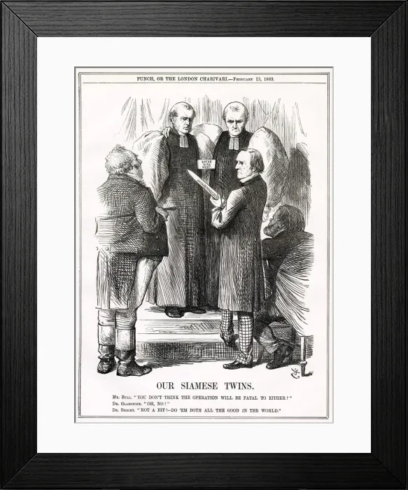 Framed Print : Cartoon, Our Siamese Twins (English and Irish Churches) Framed Print : Cartoon, Our Siamese Twins (English and Irish Churches)