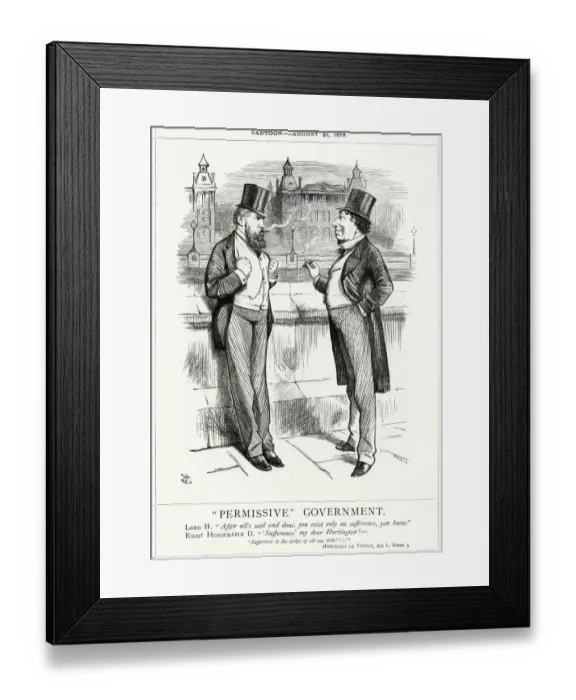 Framed Print : Cartoon, Permissive Government (Disraeli and Hartington) Framed Print : Cartoon, Permissive Government (Disraeli and Hartington)