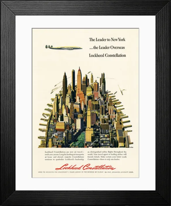 Framed Print : Advertisment for the Lockheed Constellation - The Leader to New York