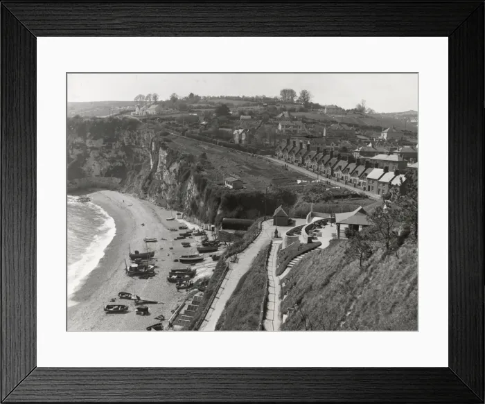 Framed Print : Aerial view of the beach and cliffs at Beer, East Devon Framed Print : Aerial view of the beach and cliffs at Beer, East Devon