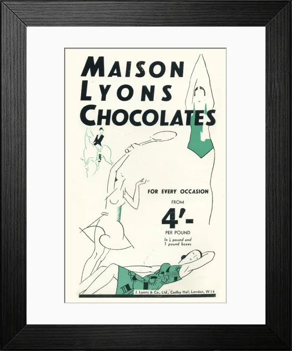 Framed Print : Advertisement for Maison Lyons chocolates showing art deco style figures indulging in Framed Print : Advertisement for Maison Lyons chocolates showing art deco style figures indulging in