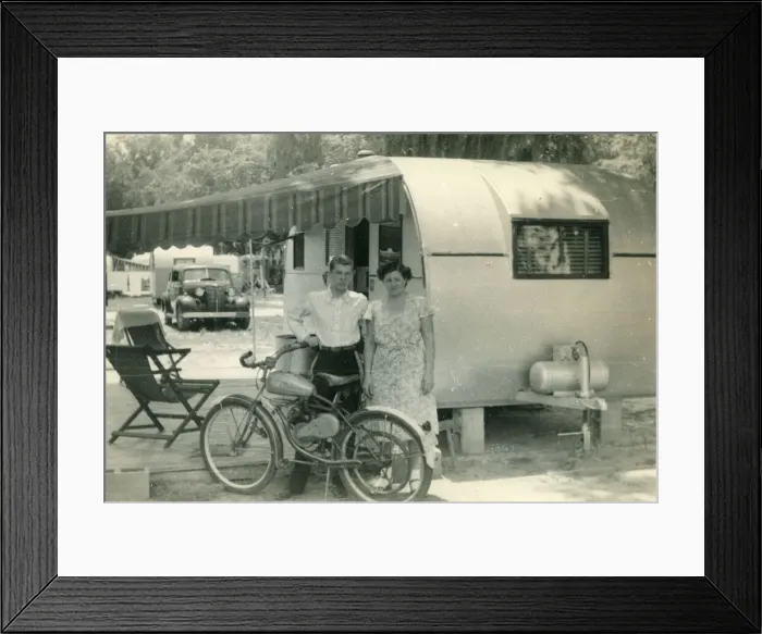 Framed Print : A mother and her son at a campsite or caravan park, pose for a photograph beside their Framed Print : A mother and her son at a campsite or caravan park, pose for a photograph beside their