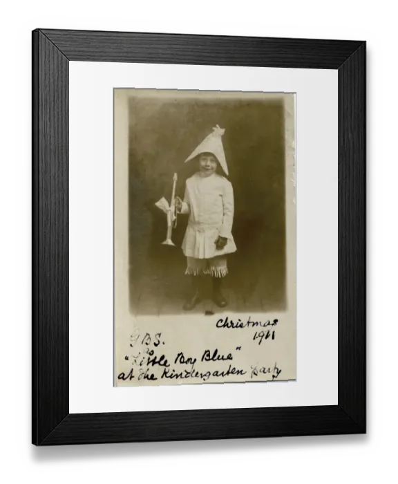 Framed Print : A little boy with the initials G. B.s dressed as LIttle Boy Blue for the kindergarten Framed Print : A little boy with the initials G. B.s dressed as LIttle Boy Blue for the kindergarten