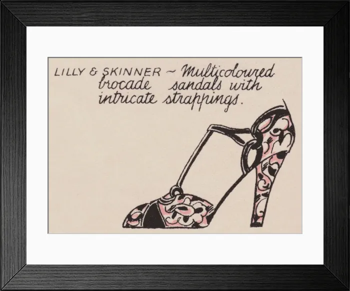 Framed Print : Sandals. Lilly and Skinner. Multicoloured brocade sandals with intricate strappings Framed Print : Sandals. Lilly and Skinner. Multicoloured brocade sandals with intricate strappings