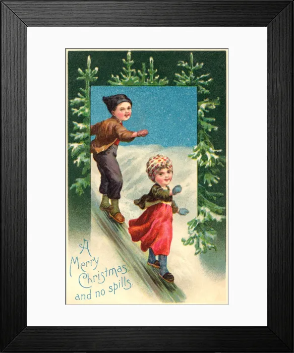 Framed Print : Christmas. Boy and girl sliding down an icy slope Framed Print : Christmas. Boy and girl sliding down an icy slope