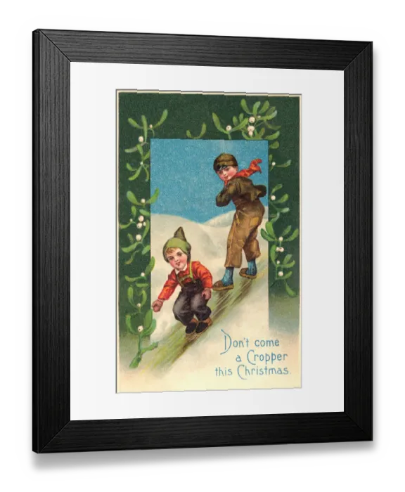 Framed Print : Christmas. Two boys sliding down an icy slope Framed Print : Christmas. Two boys sliding down an icy slope