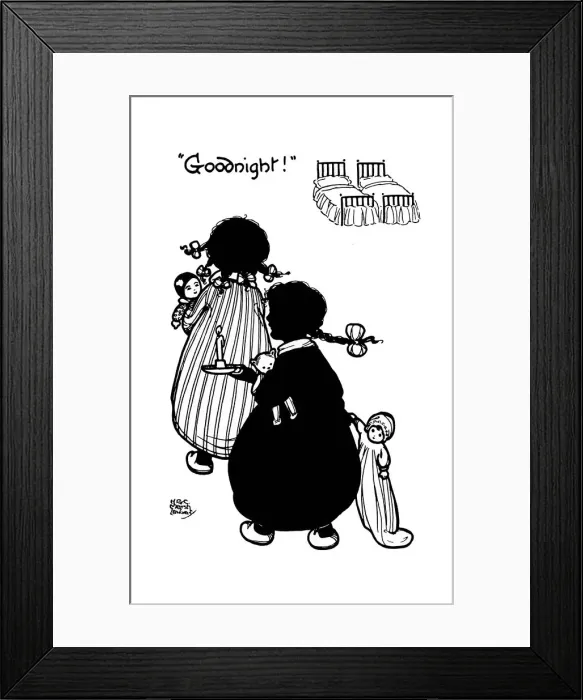 Framed Print : Bedtime. Goodnight. Two young girls off to bed with their dolls Framed Print : Bedtime. Goodnight. Two young girls off to bed with their dolls