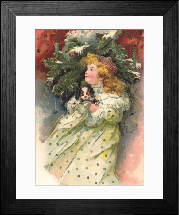 Framed Print : Christmas. Young girl with her puppy. Artist: Anon. Date: circa 1902 Framed Print : Christmas. Young girl with her puppy. Artist: Anon. Date: circa 1902