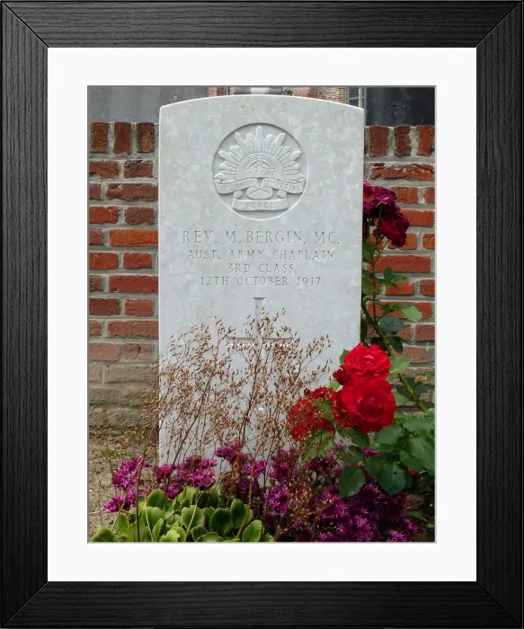Framed Print : Headstone of Rev M. Bergin, MC, Reningelst CWGC Extension Framed Print : Headstone of Rev M. Bergin, MC, Reningelst CWGC Extension