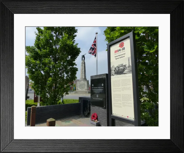 Framed Print : Tank Memorial with Guynemer Memorial behind, Poelkapelle Framed Print : Tank Memorial with Guynemer Memorial behind, Poelkapelle