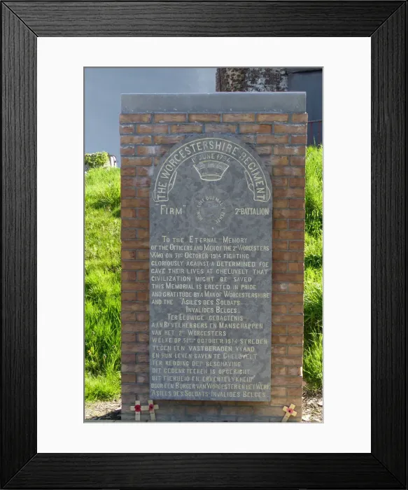 Framed Print : Memorial to 2nd Worcesters, Geluvelt Mill Framed Print : Memorial to 2nd Worcesters, Geluvelt Mill