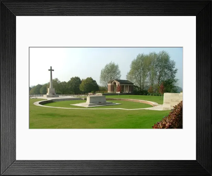 Framed Print : Hooge Crater CWGC Cemetery showing symbolic crater Framed Print : Hooge Crater CWGC Cemetery showing symbolic crater