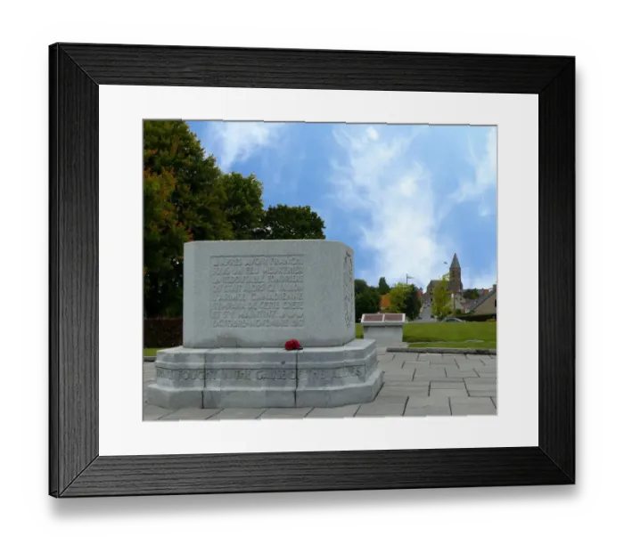 Framed Print : Crest Farm Canadian Memorial, Passendaele Church behind Framed Print : Crest Farm Canadian Memorial, Passendaele Church behind