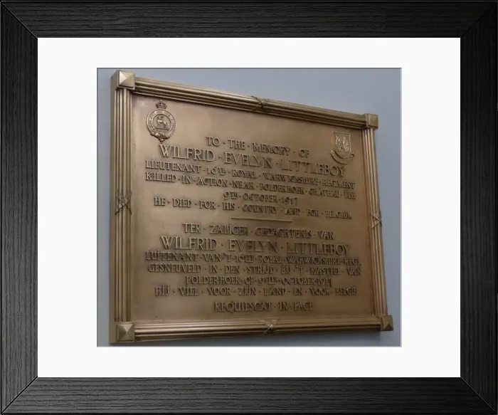 Framed Print : Memorial Plaque to Lt Littleboy, Geluveld Church Framed Print : Memorial Plaque to Lt Littleboy, Geluveld Church
