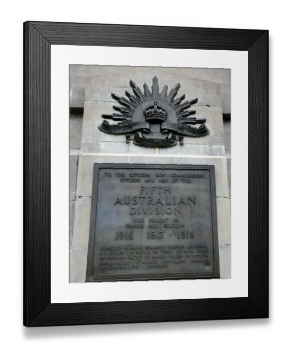 Framed Print : Australian 5th Division Memorial, plaque detail, Polygon Woo Framed Print : Australian 5th Division Memorial, plaque detail, Polygon Woo