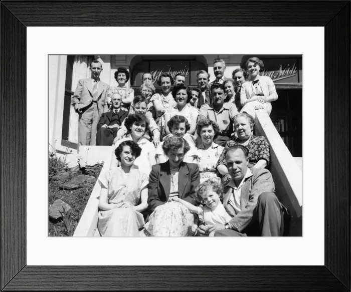 Framed Print : Group of holidaymakers pose for a cheery photograph outside the Gladsmuir guest house Framed Print : Group of holidaymakers pose for a cheery photograph outside the Gladsmuir guest house