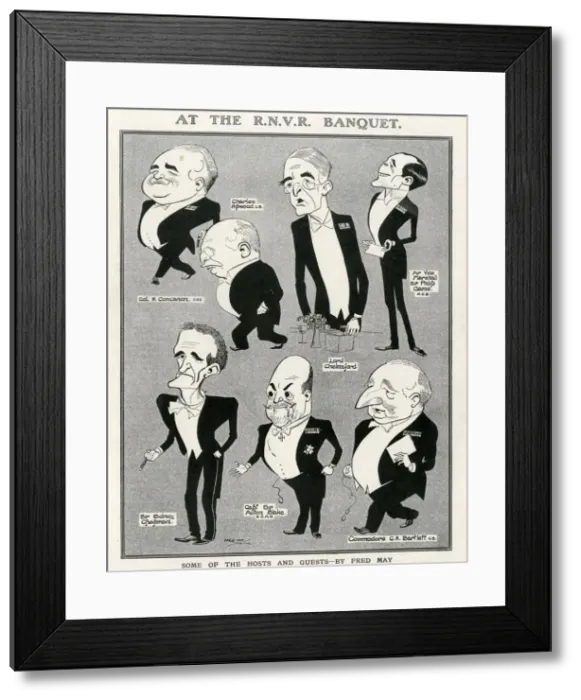 Framed Print : Personalities at the Royal Naval Volunteer Reserve banquet caricatured by Fred May Framed Print : Personalities at the Royal Naval Volunteer Reserve banquet caricatured by Fred May