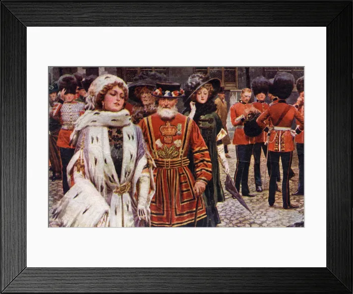 Framed Print : Scene at the Tower of London with female visitors in the company of a Yeoman of the Guard Framed Print : Scene at the Tower of London with female visitors in the company of a Yeoman of the Guard