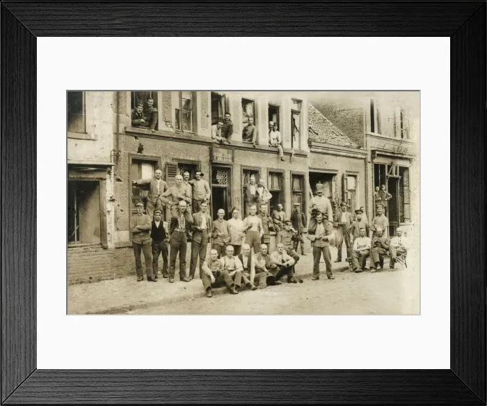 Framed Print : WW1 - German soldiers pose on a battle-scarred French street Framed Print : WW1 - German soldiers pose on a battle-scarred French street