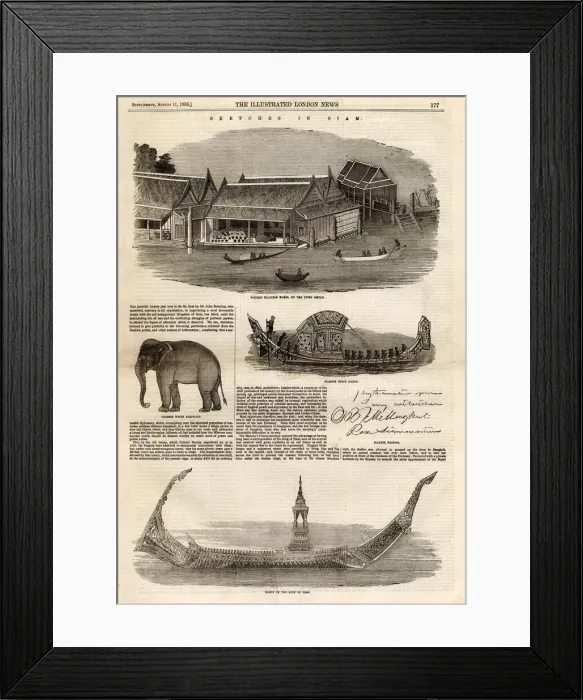 Framed Print : Sketches in Siam from The Illustrated London News. Date: 1855 Framed Print : Sketches in Siam from The Illustrated London News. Date: 1855