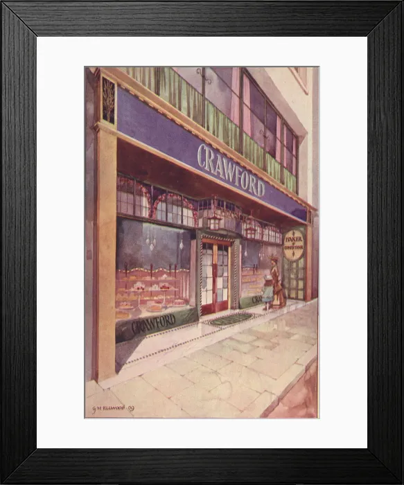 Framed Print : Artists impression of the exterior of a city bakers shop with a smart yet tempting Framed Print : Artists impression of the exterior of a city bakers shop with a smart yet tempting
