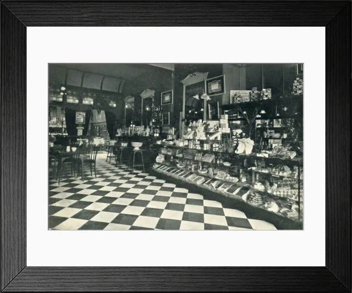 Framed Print : Interior of what is described as a high class confectioners tea room with a counter Framed Print : Interior of what is described as a high class confectioners tea room with a counter