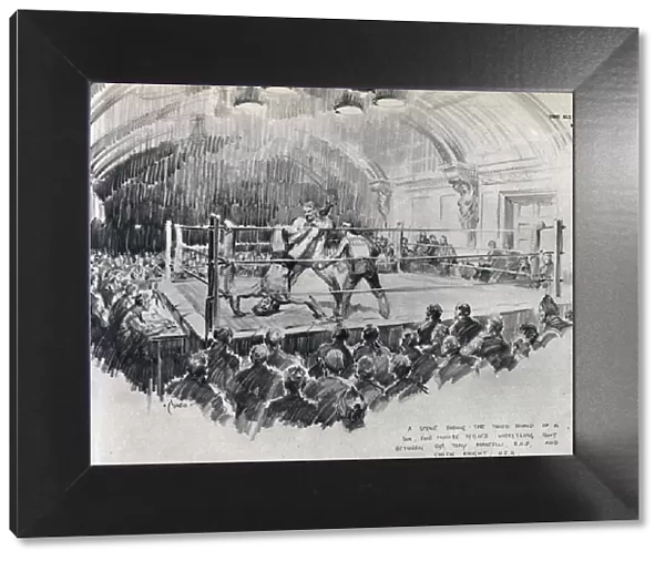A wrestling bout in the ring at Rainbow Corner, the famous American Red Cross Club in