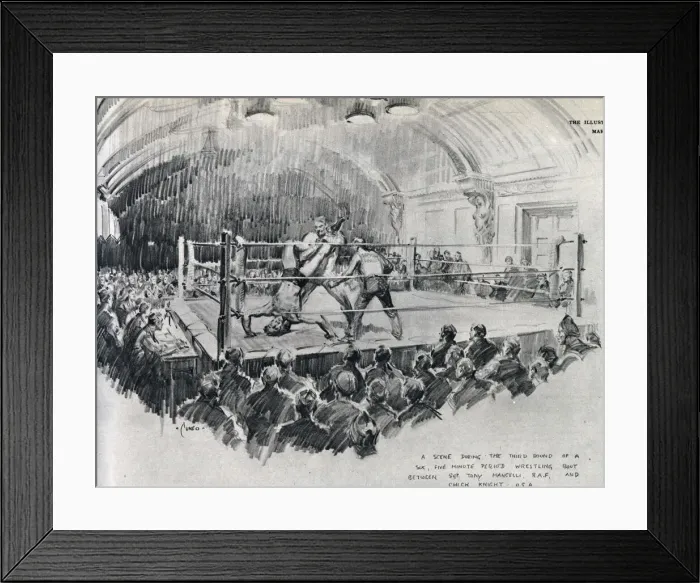 Framed Print : A wrestling bout in the ring at Rainbow Corner, the famous American Red Cross Club in Framed Print : A wrestling bout in the ring at Rainbow Corner, the famous American Red Cross Club in