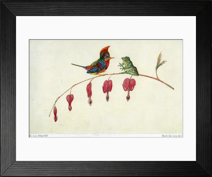 Framed Print : How do yo do? - a frog greets a rather startled bird Framed Print : How do yo do? - a frog greets a rather startled bird