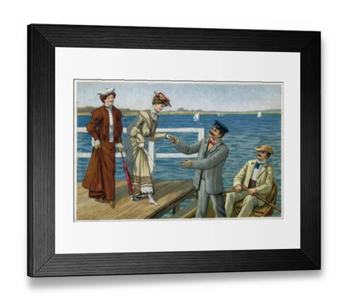 Framed Print : Gentleman assists a lady to board a small rowing boat Framed Print : Gentleman assists a lady to board a small rowing boat