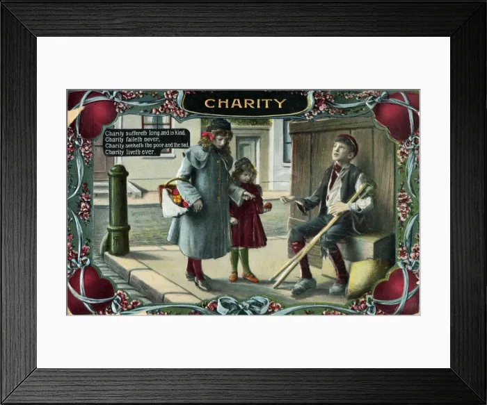 Framed Print : Representation of Charity - Money for a poor crippled boy Framed Print : Representation of Charity - Money for a poor crippled boy
