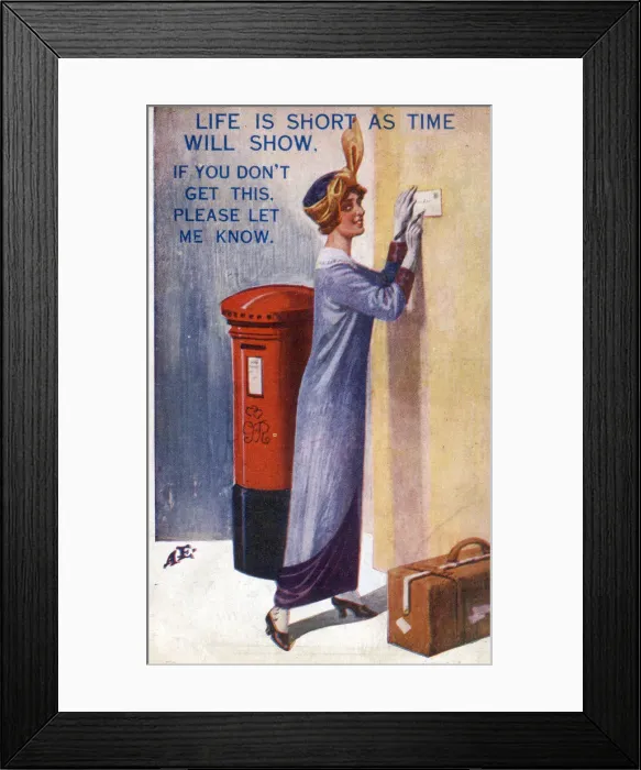 Framed Print : Young lady (off on her hols!) sends a quick postcard Framed Print : Young lady (off on her hols!) sends a quick postcard
