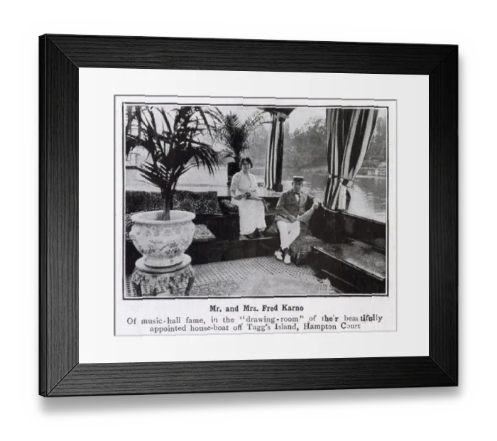 Framed Print : Fred Karno, music hall star, pictured in the well-appointed living room of his house-boat Framed Print : Fred Karno, music hall star, pictured in the well-appointed living room of his house-boat