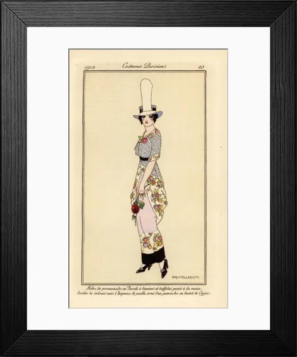 Framed Print : Woman in walking dress - chequerboard surah - hand-painted Framed Print : Woman in walking dress - chequerboard surah - hand-painted