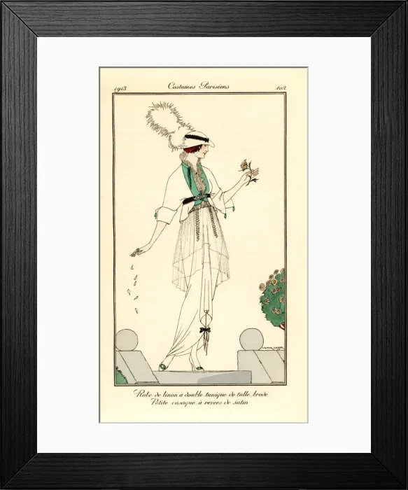 Framed Print : Woman in linen dress with double tunic in embroidered Framed Print : Woman in linen dress with double tunic in embroidered