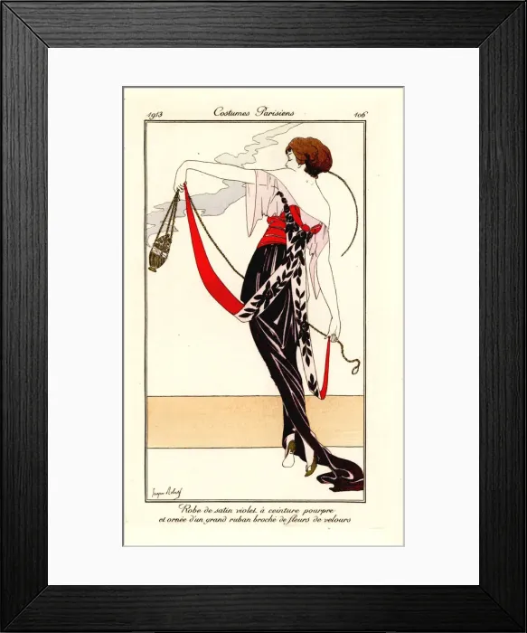 Framed Print : Woman in violet satin dress with purple sash, 1913