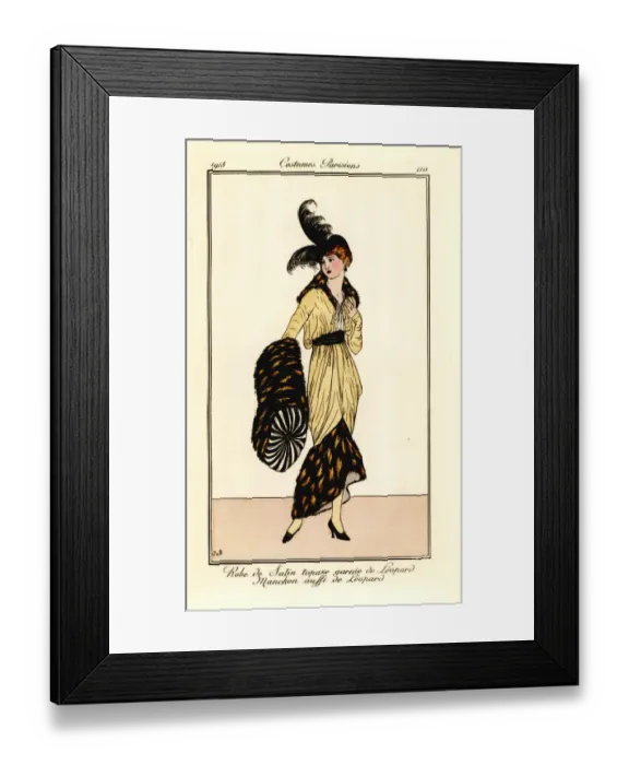 Framed Print : Woman in topaz satin dress trimmed with leopard fur, 1913 Framed Print : Woman in topaz satin dress trimmed with leopard fur, 1913