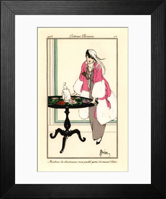 Framed Print : Woman in cape of charmeuse satin bordered with fox fur, 1913 Framed Print : Woman in cape of charmeuse satin bordered with fox fur, 1913