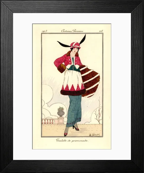 Framed Print : Woman in walking outfit of fur-trimmed jacket, tunic Framed Print : Woman in walking outfit of fur-trimmed jacket, tunic