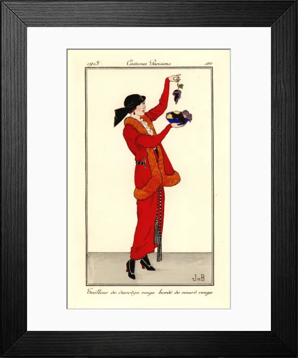Framed Print : Woman in suit of red duvetyn with red fox fur trim Framed Print : Woman in suit of red duvetyn with red fox fur trim