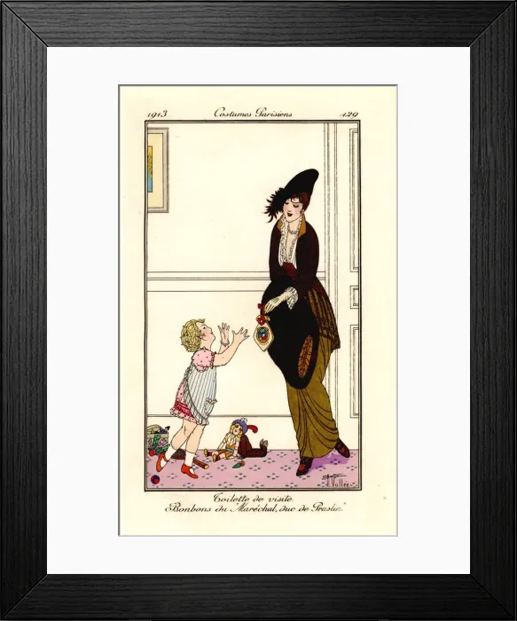 Framed Print : Woman in visiting outfit with fur muff giving sweets Framed Print : Woman in visiting outfit with fur muff giving sweets