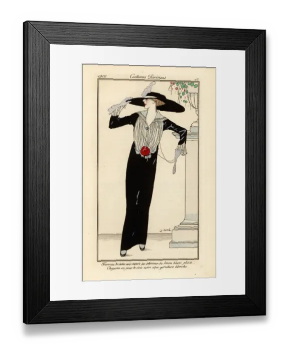 Framed Print : Woman in black satin sheath dress, black silk hat