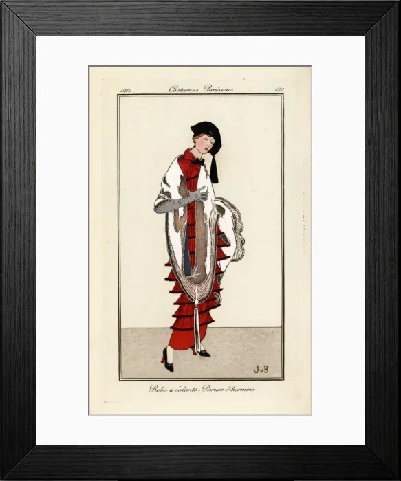 Framed Print : Woman in crimson dress with frills, ermine shawl Framed Print : Woman in crimson dress with frills, ermine shawl