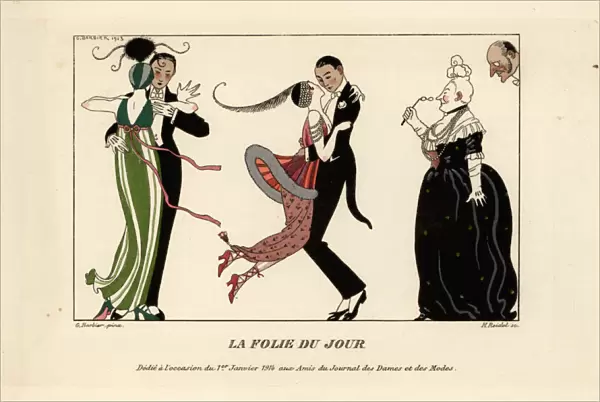 Fashionable couples dancing energetically at a ball, 1914