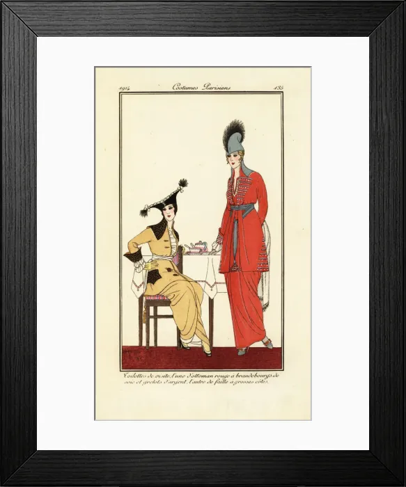 Framed Print : Women drinking tea in visiting outfits Framed Print : Women drinking tea in visiting outfits