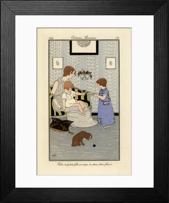 Framed Print : Girl in dress of blue floral crepe du chine Framed Print : Girl in dress of blue floral crepe du chine