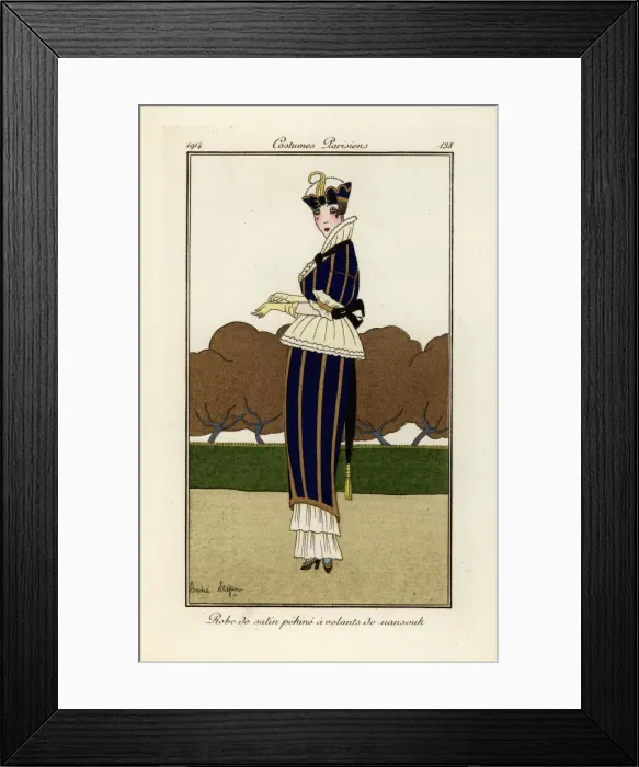 Framed Print : Woman in blue and yellow striped pekin silk satin dress