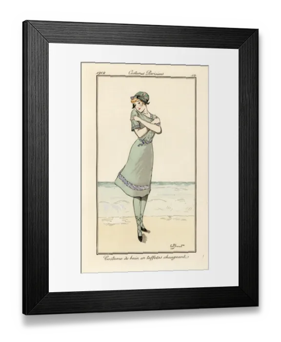 Framed Print : Woman on beach in swimming costume in two-tone taffeta Framed Print : Woman on beach in swimming costume in two-tone taffeta